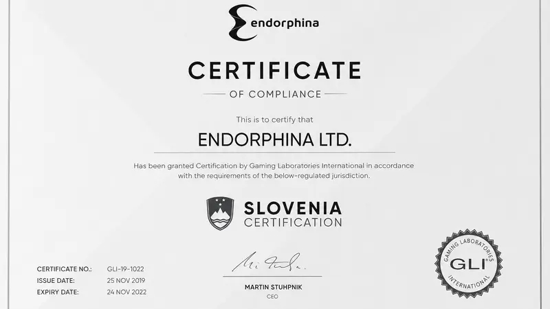 Endorphina Dapatkan Sertifikasi di Slovenia, Menambah Jangkauan Pasar Internasional